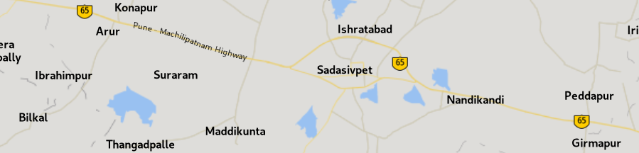 A map of part of National Highway 65 near Hyderabad, India, showing its yellow and black shield.
