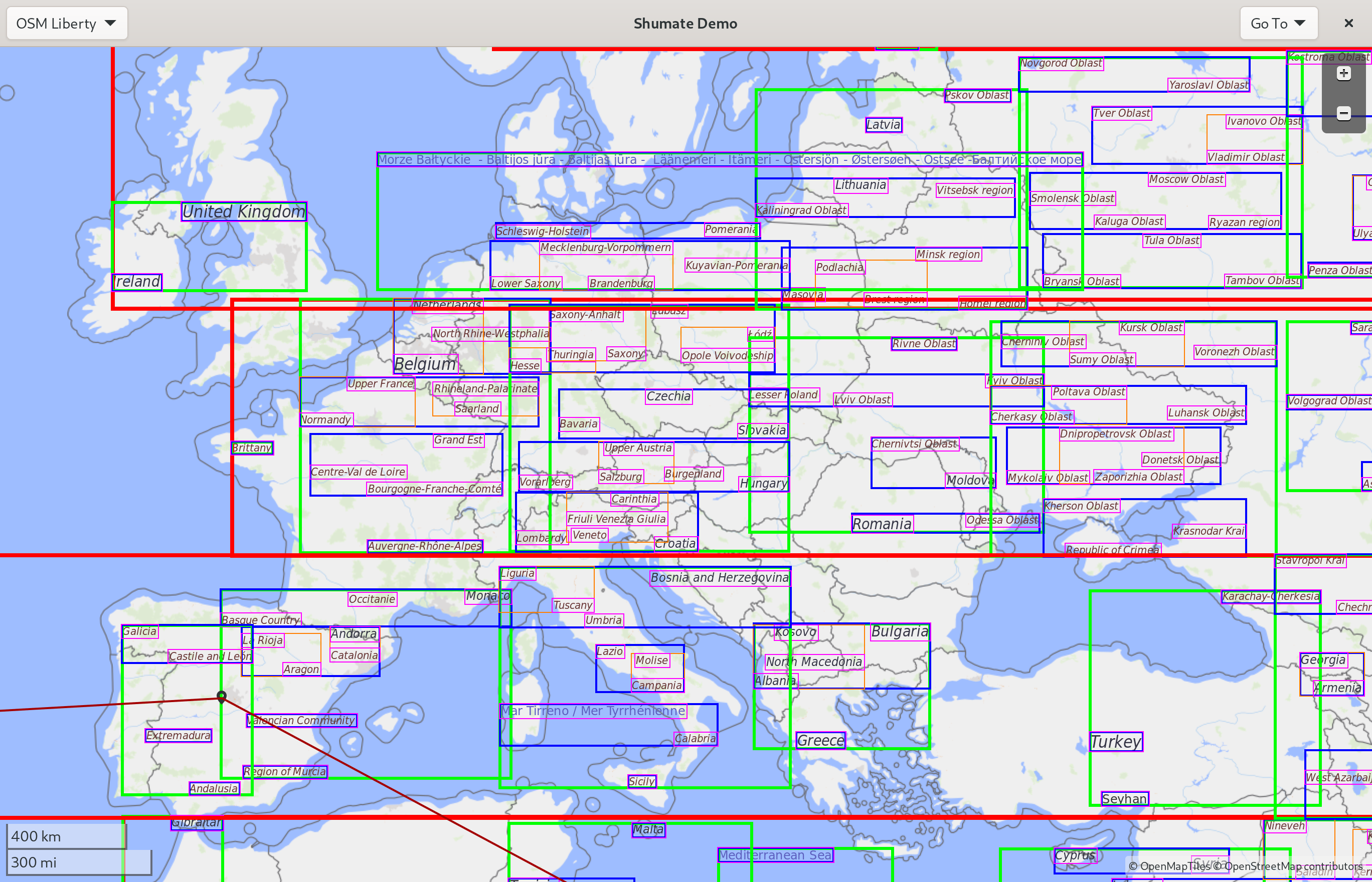 Visualization of an R-tree. There is a map of Europe cluttered with rectangles nested four layers deep, with each inner rectangle containing a map label.