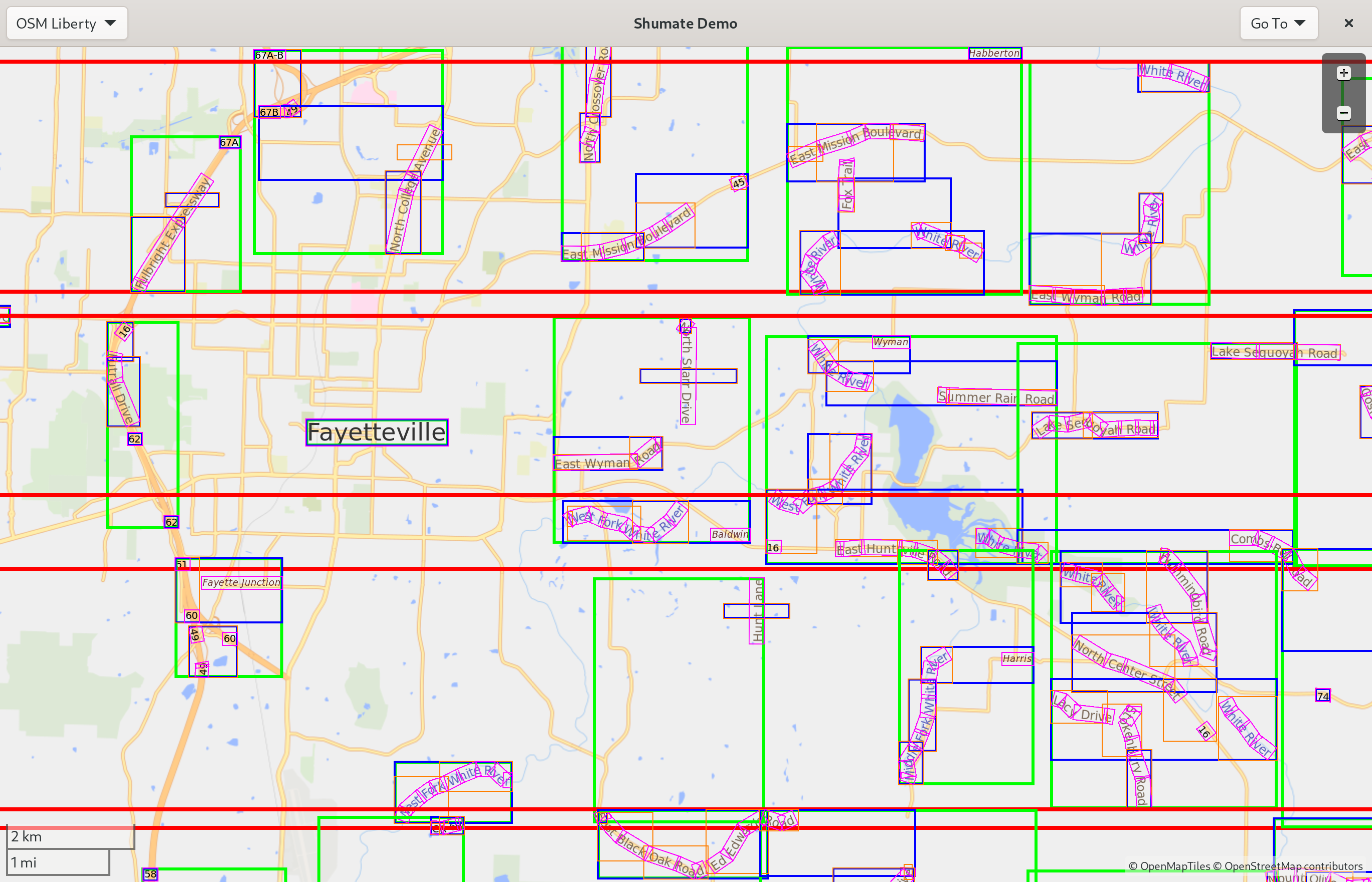 Another visualization of an R-tree. There is a map of Fayetteville, Arkansas cluttered with rectangles nested four layers deep, with each inner rectangle containing a map label (or part of one). Some labels follow the path of rivers, and these have rotated rectangles for each segment of the label.